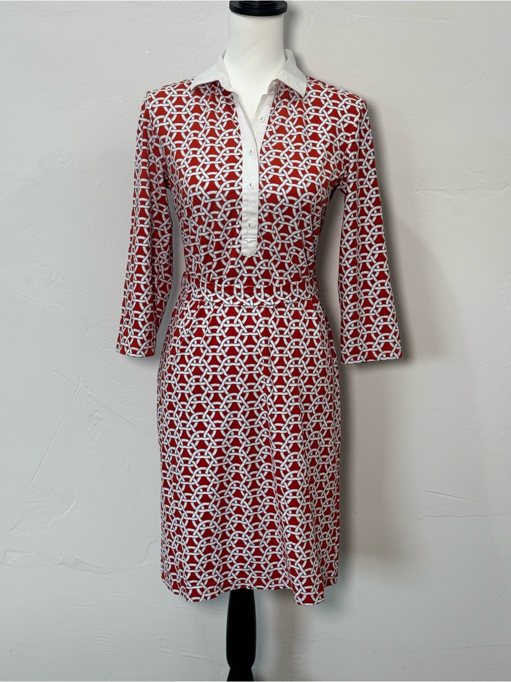J. McLaughlin Coral White Geo Print Polo Shirt Dress Midi Belt Size Small
